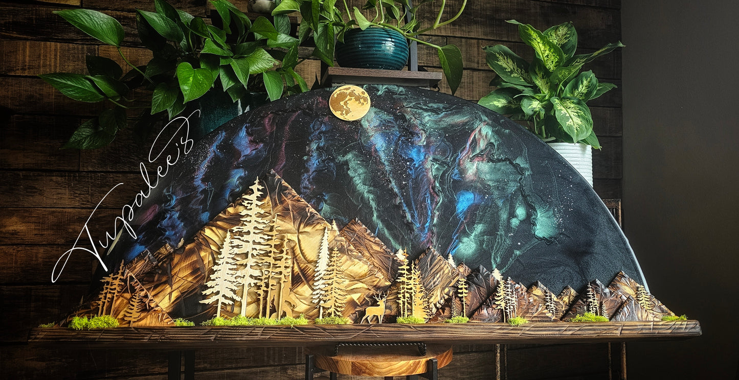Starlit Timberline – Reclaimed Wood & Resin Aurora Landscape