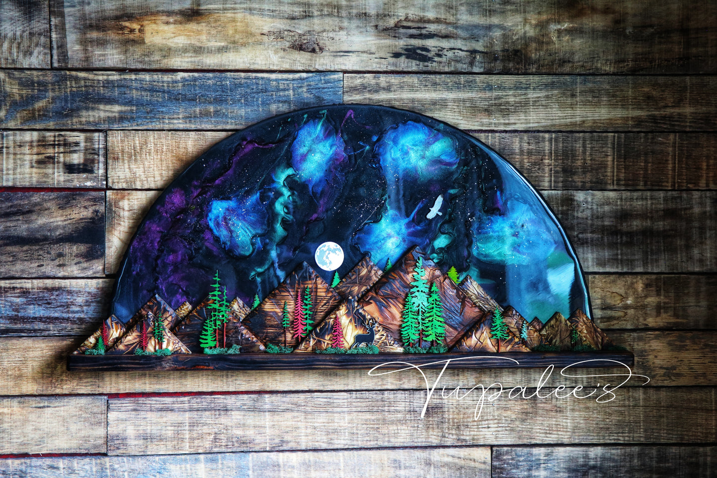 Cosmic Pines – Reclaimed Wood & Resin Aurora Mountain Art