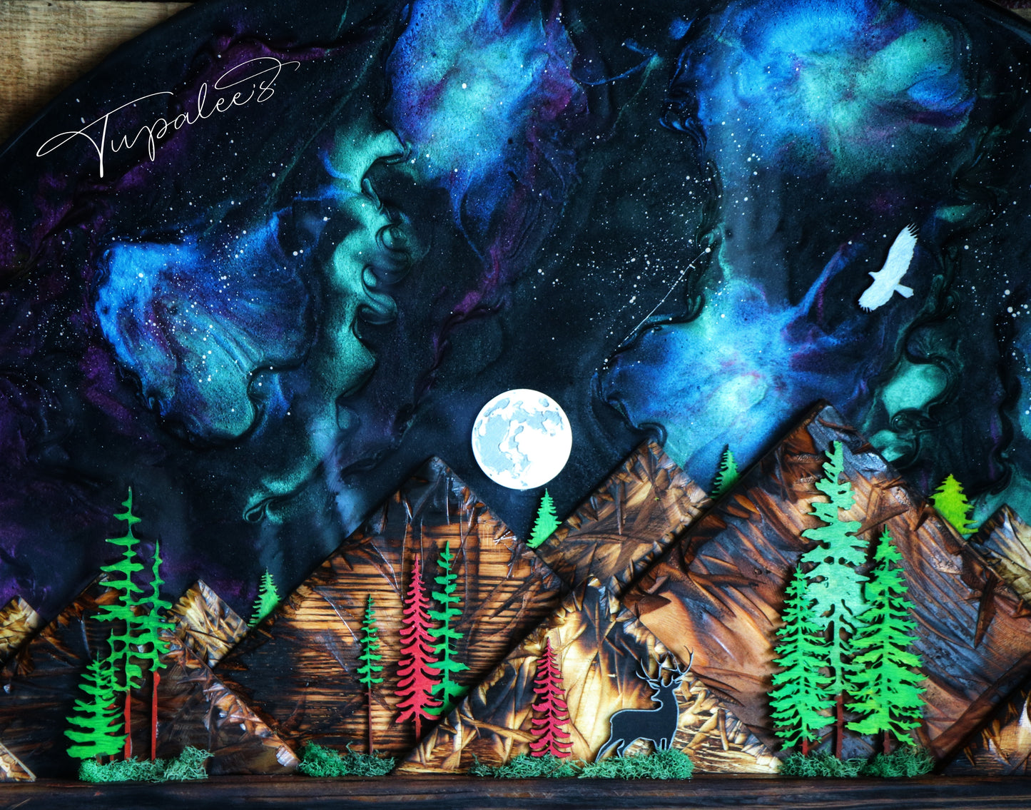 Cosmic Pines – Reclaimed Wood & Resin Aurora Mountain Art